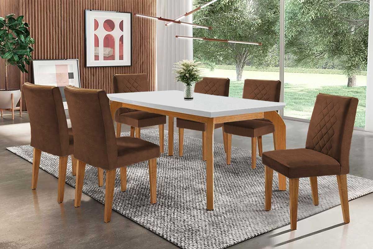 Sala Jantar Mesa Londrina c/ Tampo Madeirado Canto Reto 180x90cm e 6 cadeiras Jade - Rufato
