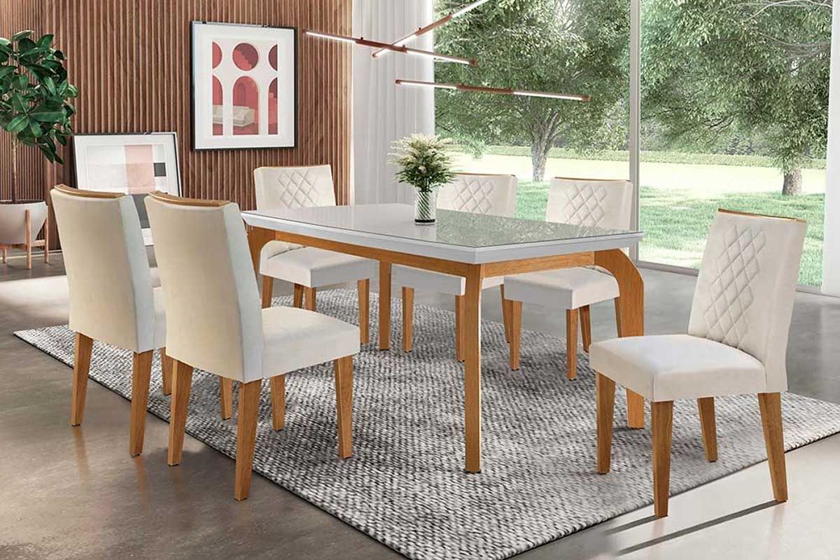 Sala Jantar Mesa Londrina c/ Tampo Madeirado c/ Vidro Canto Reto 180x90cm e 6 cadeiras Jade - Rufato