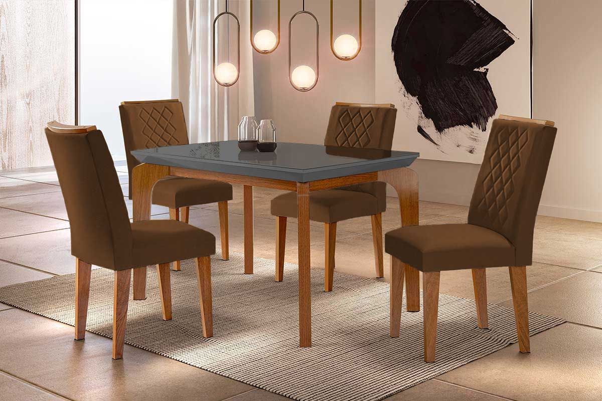 Sala Jantar Mesa Londrina c/ Tampo Madeirado c/ Vidro Canto Curvo 120x80cm e 4 cadeiras Jade - Rufato