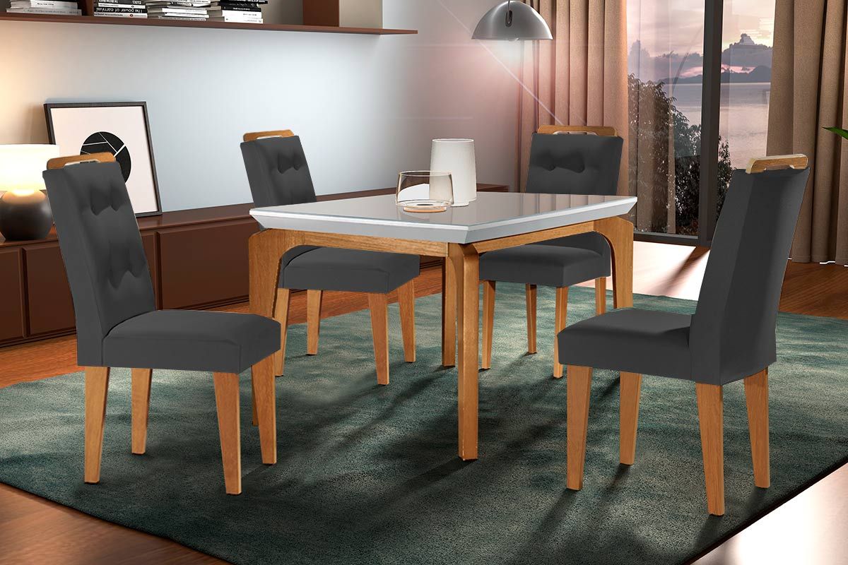 Sala Jantar Mesa Londrina c/ Tampo Madeirado c/ Vidro Canto Curvo 120x80cm e 4 cadeiras Imperatriz - Rufato