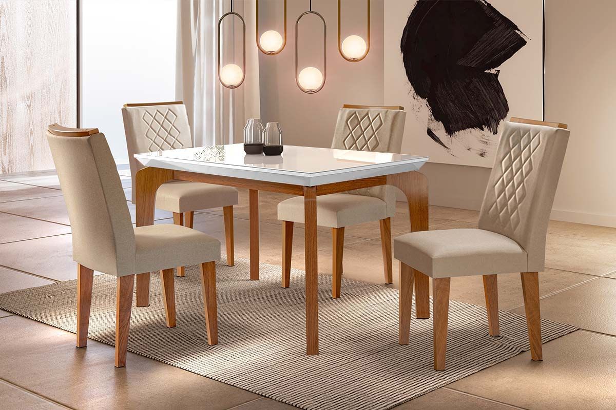 Sala Jantar Mesa Londrina c/ Tampo Madeirado c/ Vidro Canto Curvo 120x80cm e 4 cadeiras Jade - Rufato