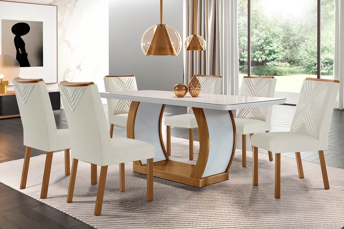 Sala de Jantar Completa Jade c/ Tampo Madeirado c/ Vidro Canto Curvo 180x90cm e 6 cadeiras Amsterdã - Rufato