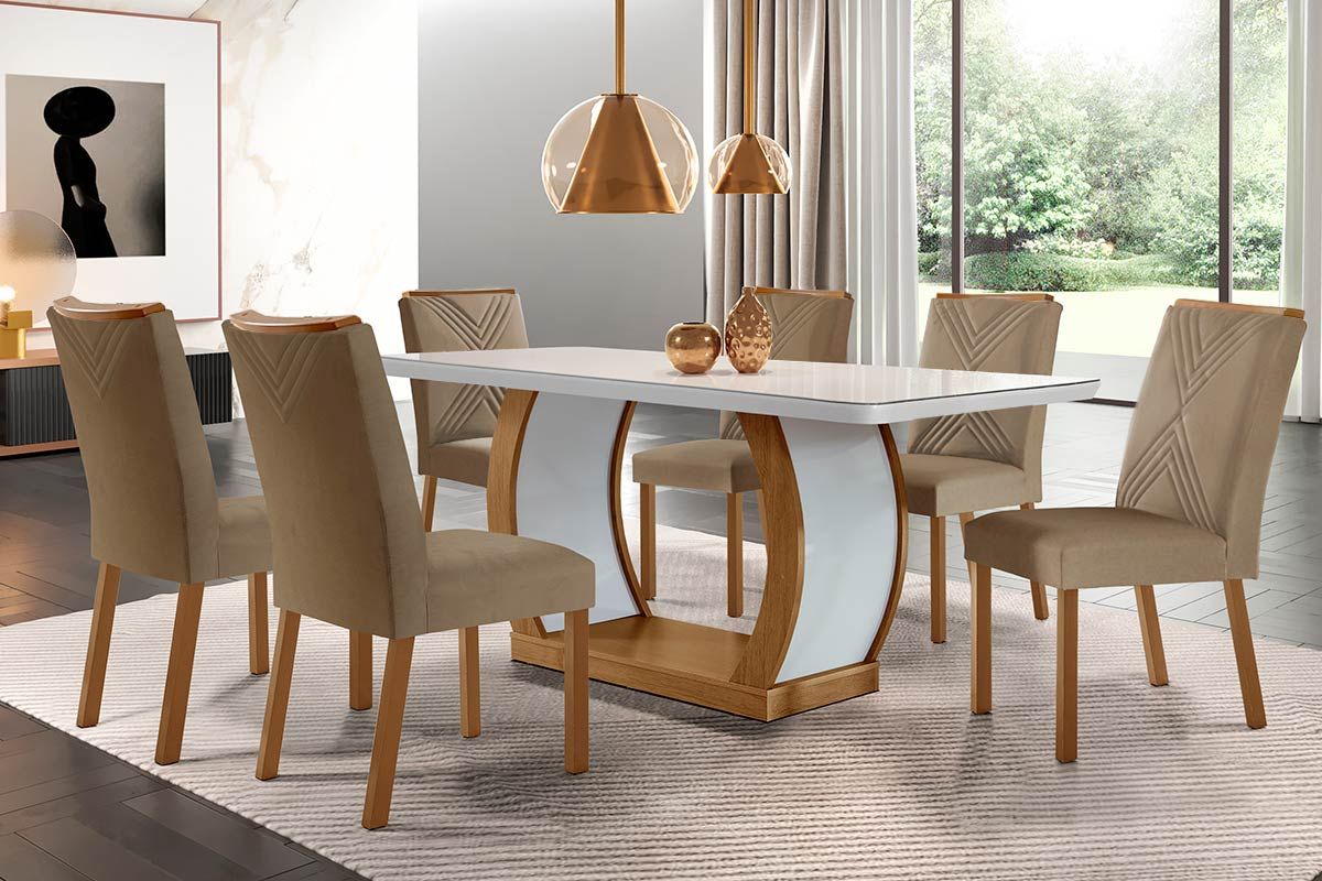Sala de Jantar Completa Jade c/ Tampo Madeirado c/ Vidro Canto Curvo 180x90cm e 6 cadeiras Amsterdã - Rufato