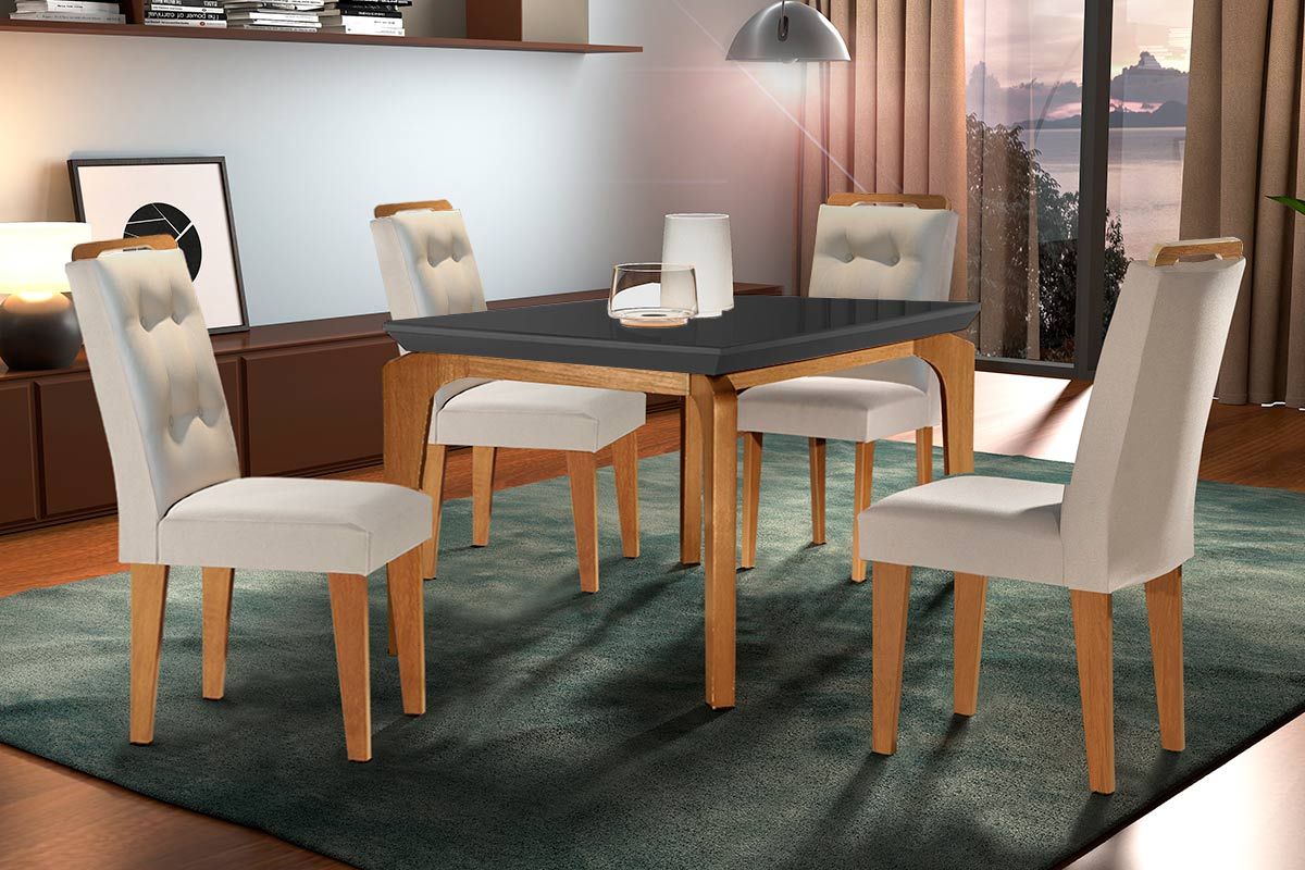 Sala Jantar Mesa Londrina c/ Tampo Madeirado c/ Vidro Canto Reto 120x80cm e 4 cadeiras Imperatriz - Rufato