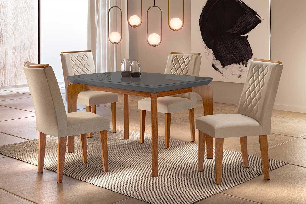 Sala Jantar Mesa Londrina c/ Tampo Madeirado c/ Vidro Canto Reto 120x80cm e 4 cadeiras Jade - Rufato