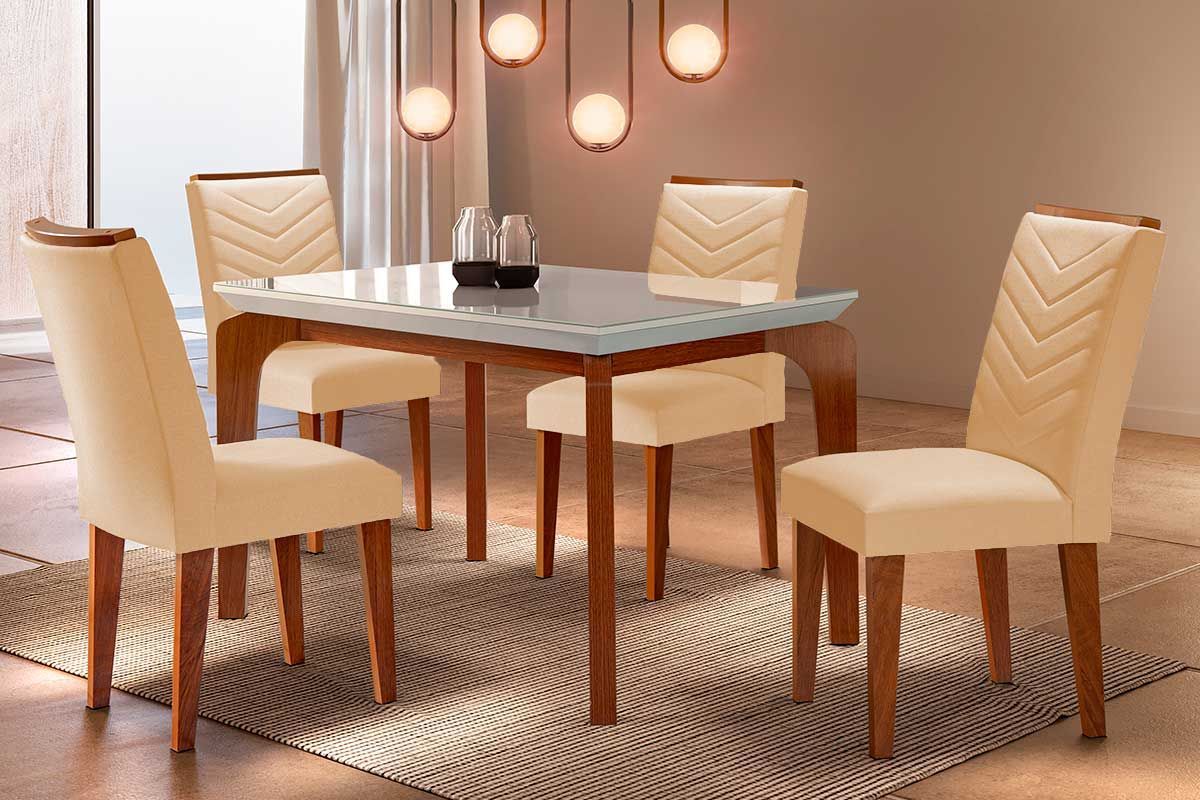 Sala Jantar Mesa Londrina c/ Tampo Madeirado c/ Vidro Canto Reto 120x80cm e 4 cadeiras Londrina - Rufato