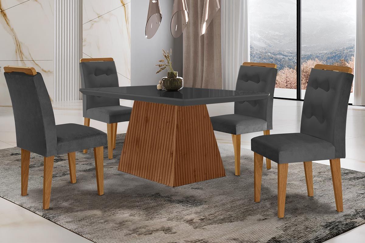 Sala de Jantar Completa Luna c/ Tampo Madeirado c/ Vidro Canto Curvo 120x80cm e 4 cadeiras Imperatriz - Rufato