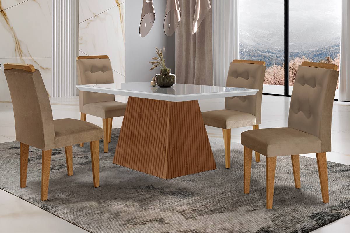 Sala de Jantar Completa Luna c/ Tampo Madeirado c/ Vidro Canto Curvo 120x80cm e 4 cadeiras Imperatriz - Rufato