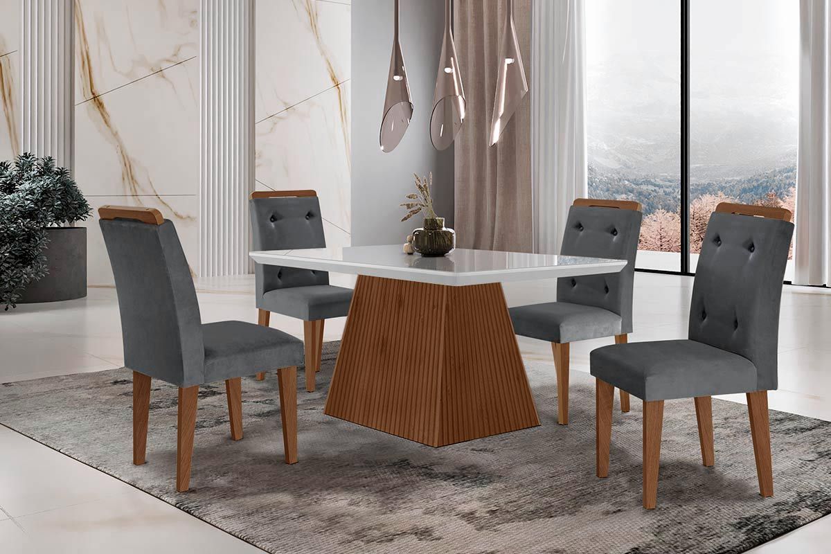 Sala de Jantar Completa Luna c/ Tampo Madeirado c/ Vidro Canto Curvo 120x80cm e 4 cadeiras Imperatriz - Rufato