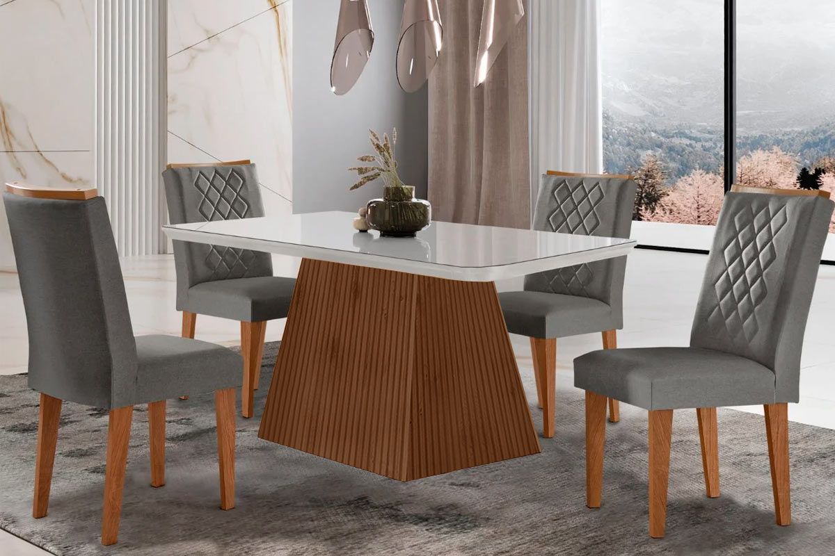 Sala de Jantar Completa Luna c/ Tampo Madeirado c/ Vidro Canto Curvo 120x80cm e 4 cadeiras Jade - Rufato