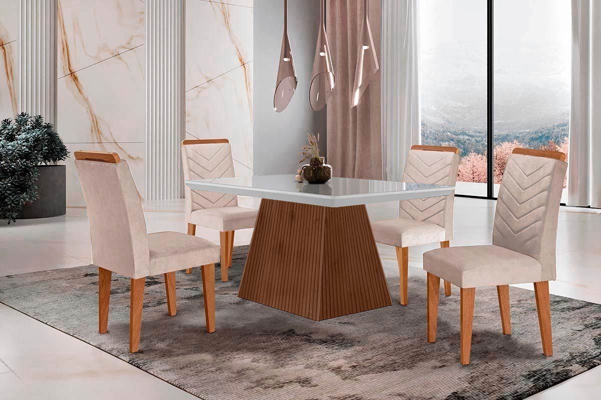 Sala Jantar Mesa Luna c/ Tampo Madeirado c/ Vidro Canto Curvo 120x80cm e 4 cadeiras Londrina - Rufato