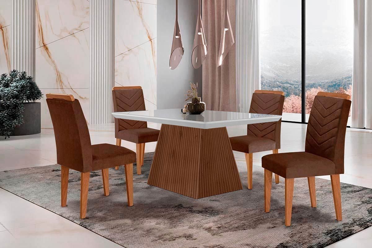 Sala Jantar Mesa Luna c/ Tampo Madeirado c/ Vidro Canto Curvo 120x80cm e 4 cadeiras Londrina - Rufato