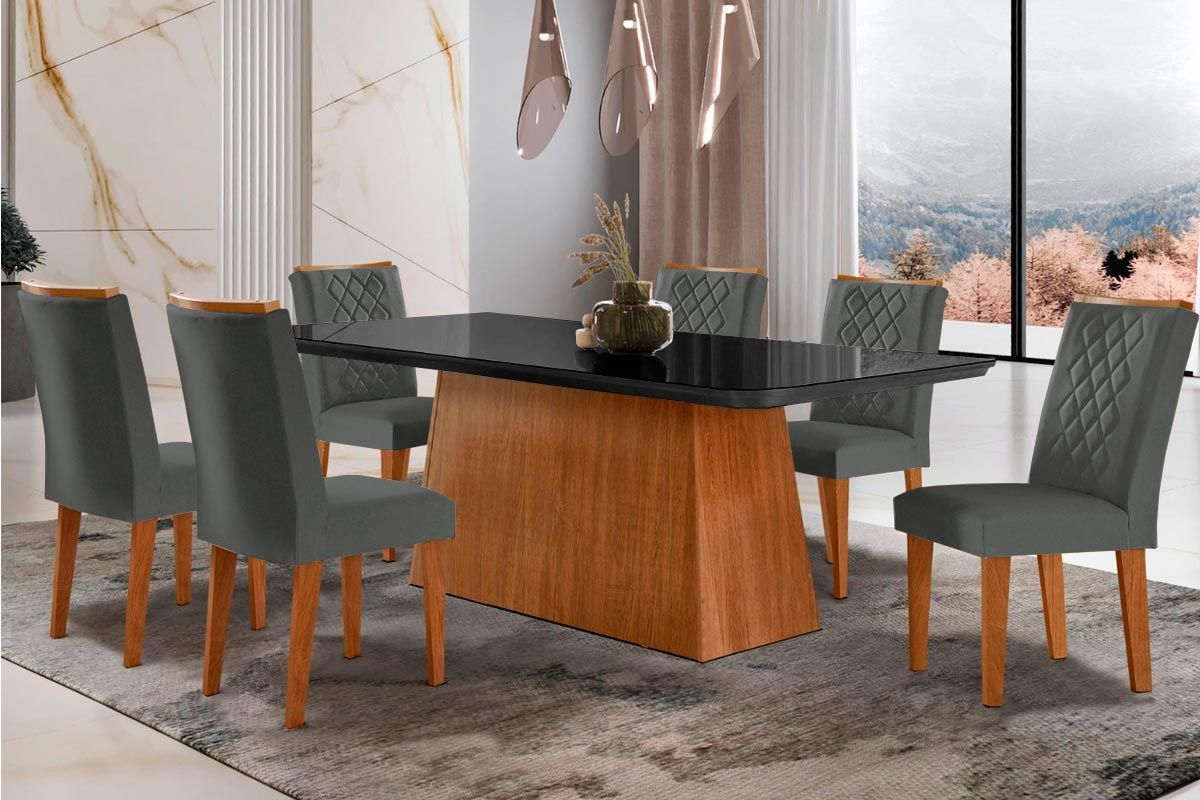 Sala de Jantar Completa Luna c/ Tampo de Vidro Canto Curvo 180x90cm e 6 cadeiras Jade - Rufato