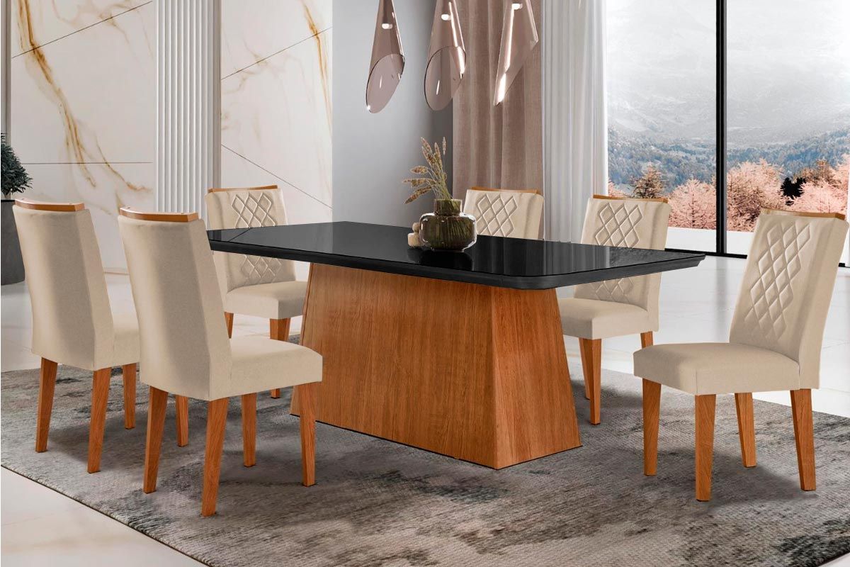 Sala de Jantar Completa Luna c/ Tampo de Vidro Canto Curvo 180x90cm e 6 cadeiras Jade - Rufato