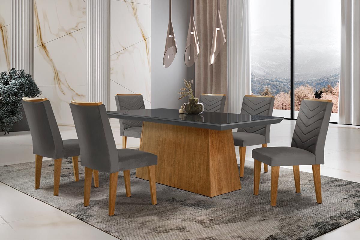 Sala Jantar Mesa Luna c/ Tampo de Vidro Canto Curvo 180x90cm e 6 cadeiras Londrina - Rufato