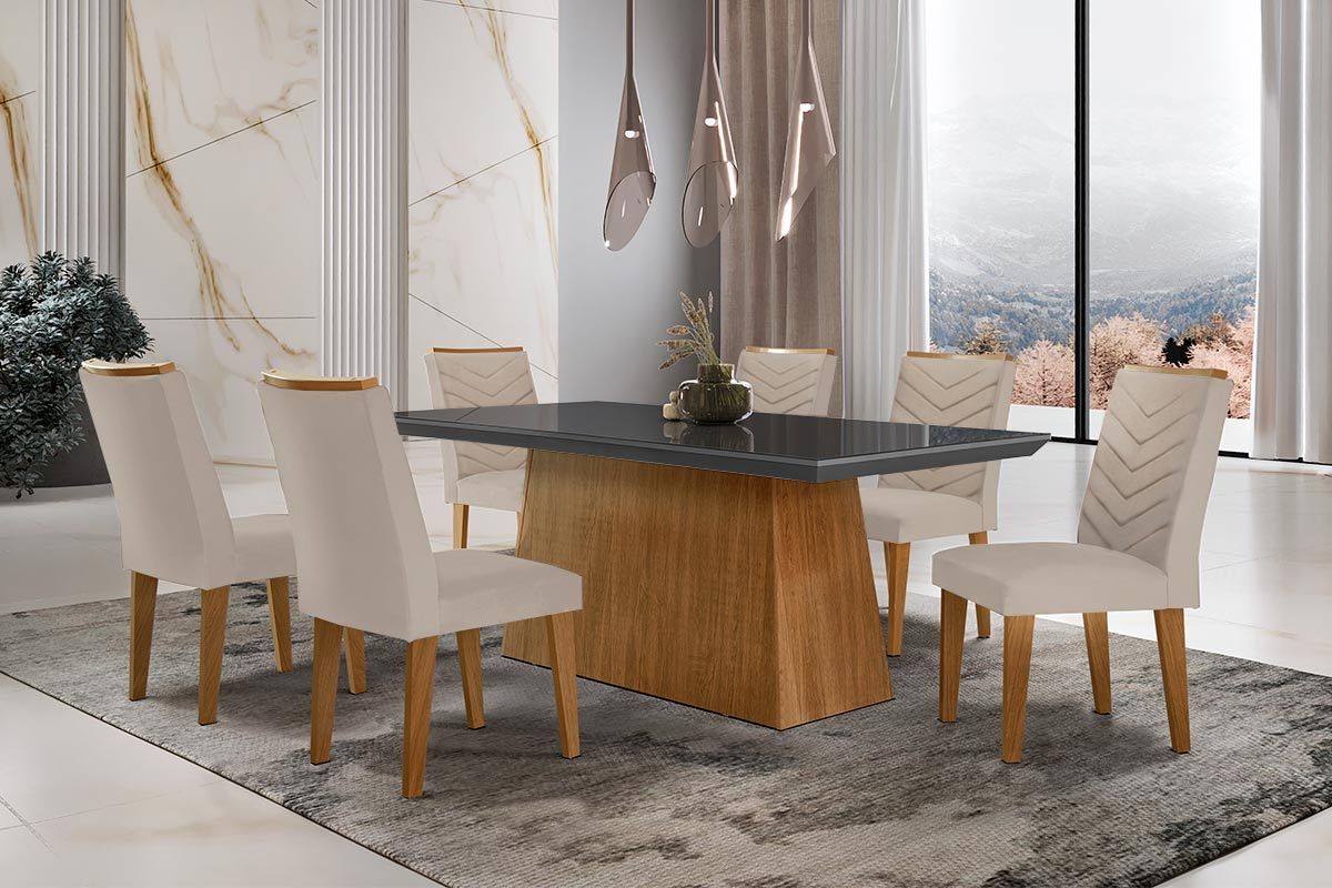 Sala Jantar Mesa Luna c/ Tampo de Vidro Canto Curvo 180x90cm e 6 cadeiras Londrina - Rufato