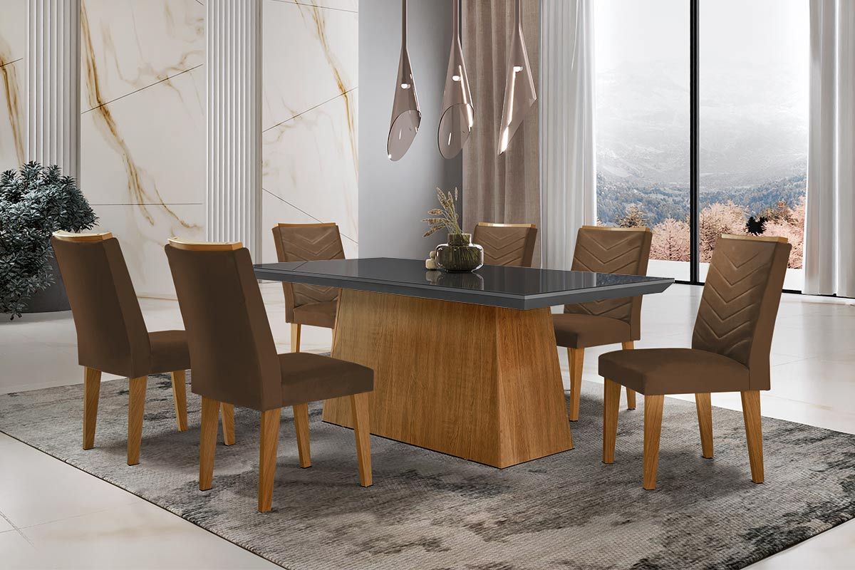 Sala Jantar Mesa Luna c/ Tampo de Vidro Canto Curvo 180x90cm e 6 cadeiras Londrina - Rufato