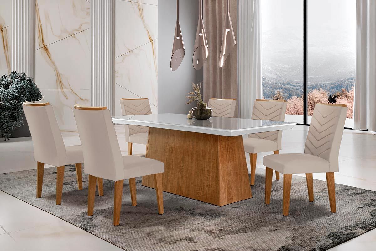 Sala Jantar Mesa Luna c/ Tampo de Vidro Canto Curvo 180x90cm e 6 cadeiras Londrina - Rufato