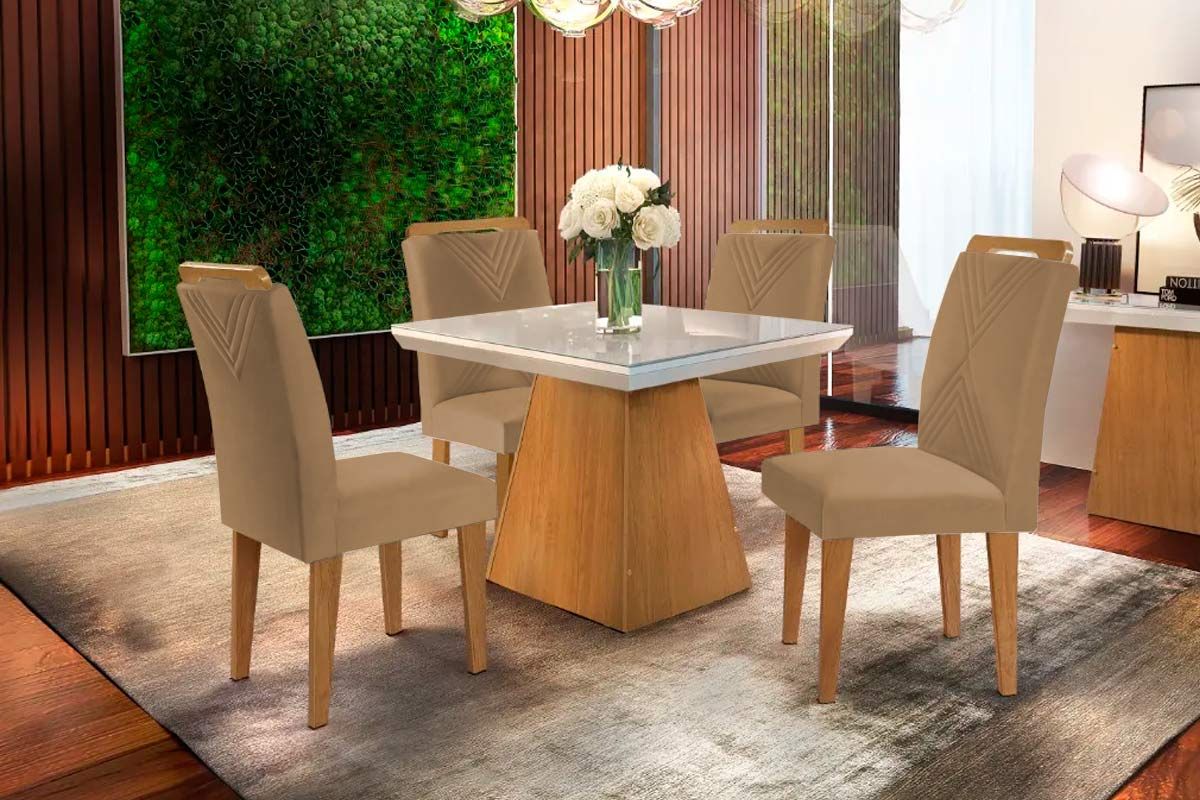 Sala de Jantar Completa Luna c/ Tampo Madeirado c/ Vidro Canto Curvo 90x90cm e 4 cadeiras Amsterdã - Rufato