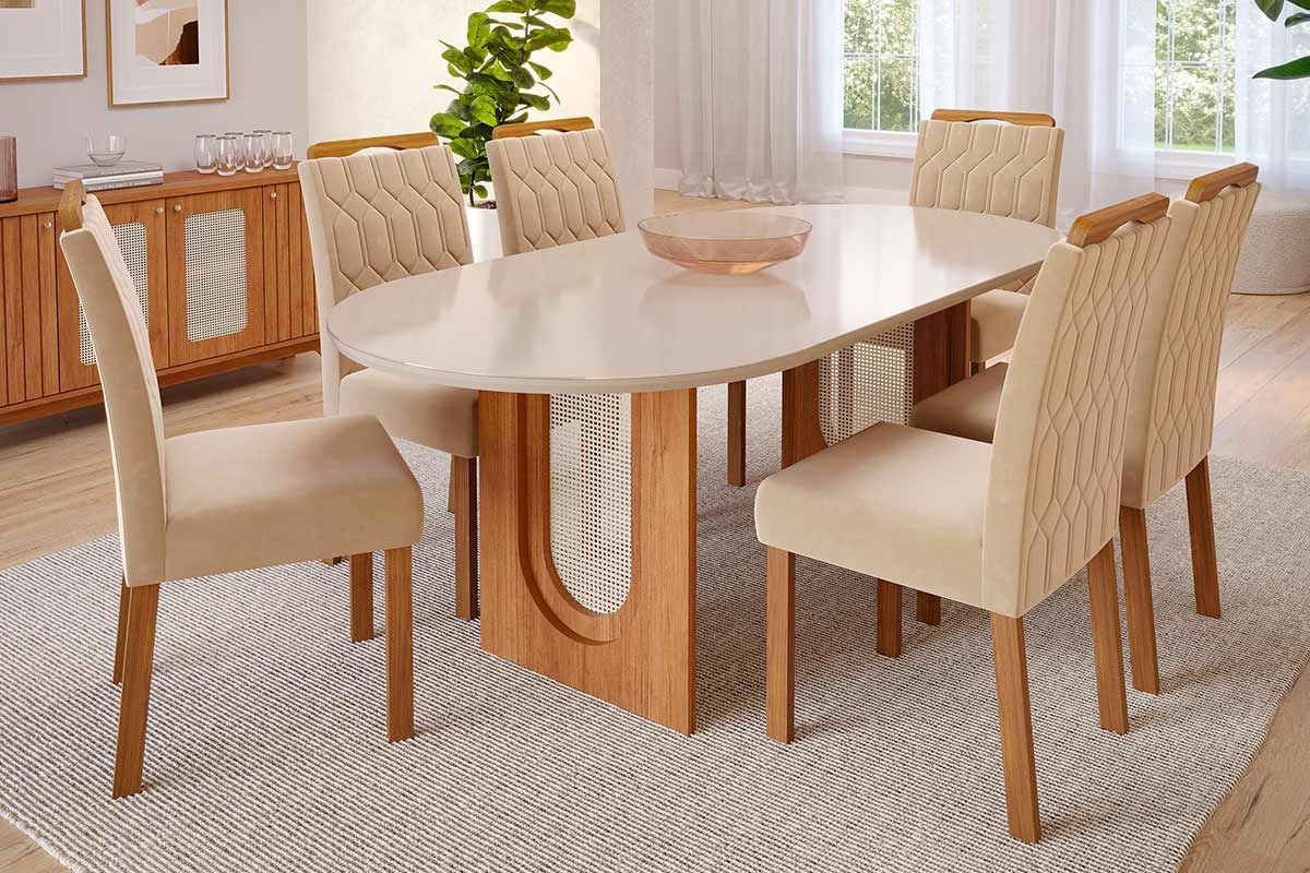 Sala Jantar Mesa Valentina Tampo Madeirado Oval c/ Vidro 210x100cm e 6 Cadeiras Paola - Cimol