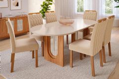 Sala Jantar Mesa Valentina Tampo Madeirado Oval c/ Vidro 210x100cm e 6 Cadeiras Paola - Cimol
