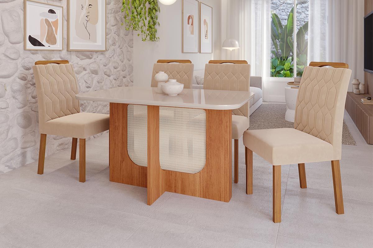 Sala Jantar Mesa Louise Tampo Madeirado c/ Vidro 130x80cm e 4 Cadeiras Paola - Cimol