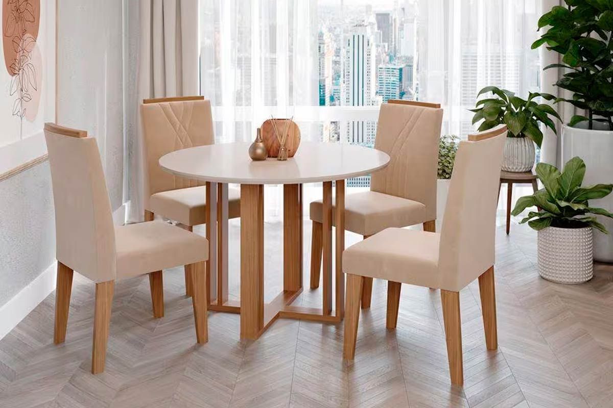 Sala Jantar Mesa Flora c/ Tampo Madeirado 109cm e 4 Cadeiras Nicole - Cimol