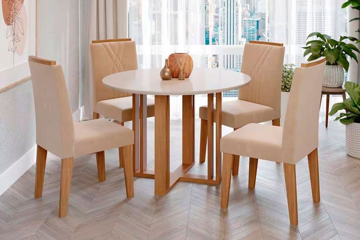 Sala Jantar Mesa Flora c/ Tampo Madeirado c/ Vidro 109cm e 4 Cadeiras Nicole - Cimol