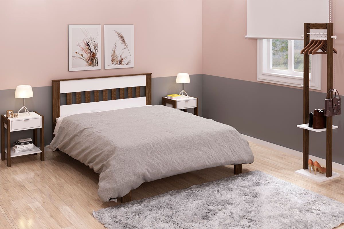 Quarto Casal Completo 4 Peças (Mesa Cabeceira AZ1016 + Cama de CM8007 + Cabideiro AZ1019) - Tecno Mobili