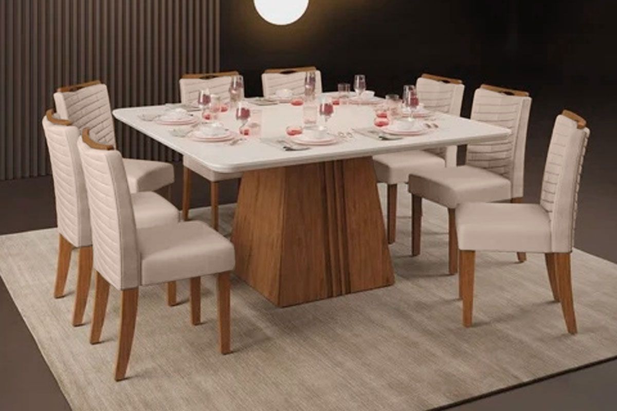 Sala Jantar Mesa Itália c/ Tampo Madeirado c/ Vidro Curvo 136x136cm e 8 Cadeiras Julia - DJ Móveis
