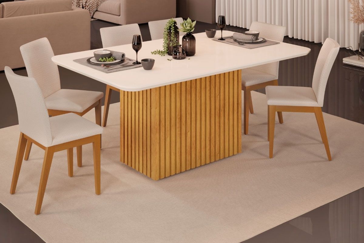 Sala de Jantar Completa Canes c/ Tampo Madeirado c/ Vidro Curvo 170x90cm e 6 Cadeiras Vitória - DJ Móveis
