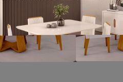 Sala Jantar Mesa Celeste c/ Tampo Madeirado c/ Vidro Curvo 120x90cm e 4 Cadeiras Lia - DJ Móveis