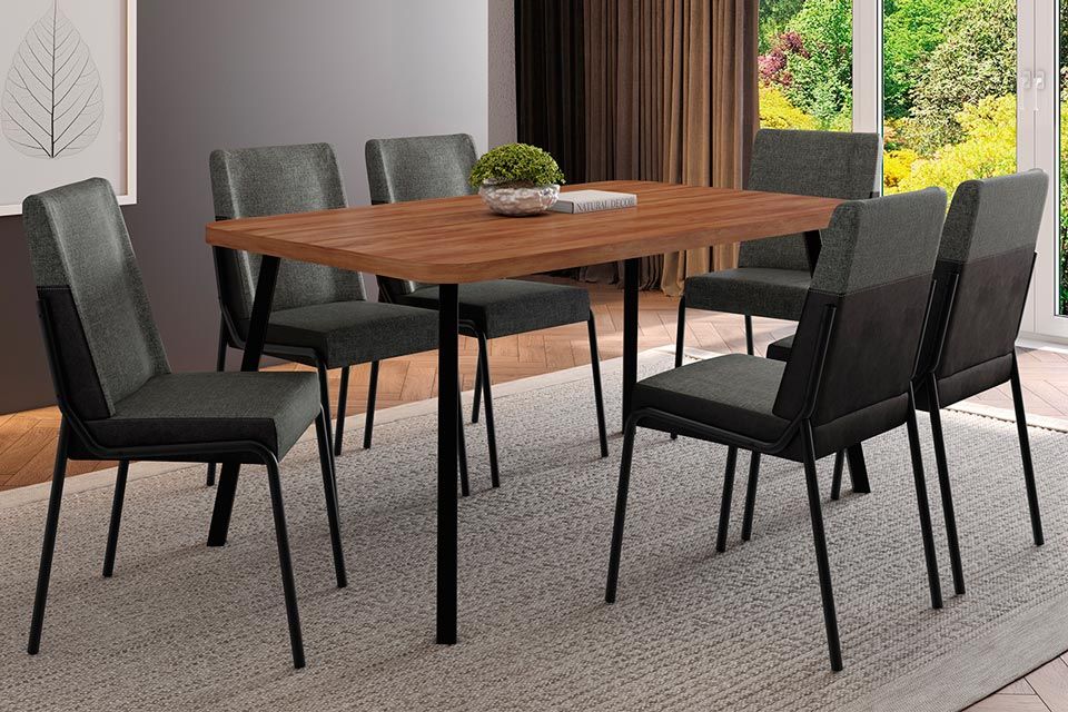 Sala Jantar Mesa Stellar 1597 Aço c/ Tampo Madeirado 160x90cm e 6 Cadeiras Hug - Carraro