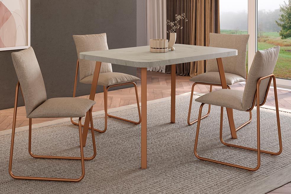 Sala Jantar Mesa Stellar 1598 Aço c/ Tampo Madeirado 120x80cm e 4 Cadeiras Soft - Carraro