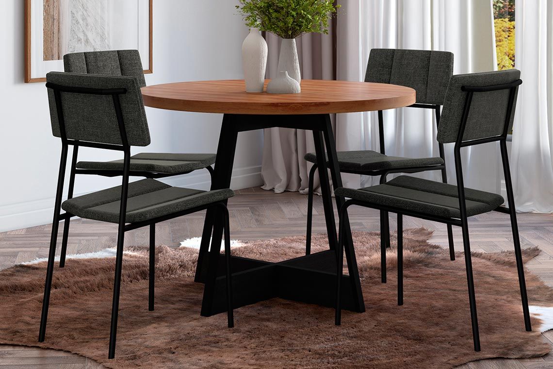 Sala de Jantar Completa Átria 1594 Aço c/ Tampo Madeirado 100cm e 4 Cadeiras Lou - Carraro