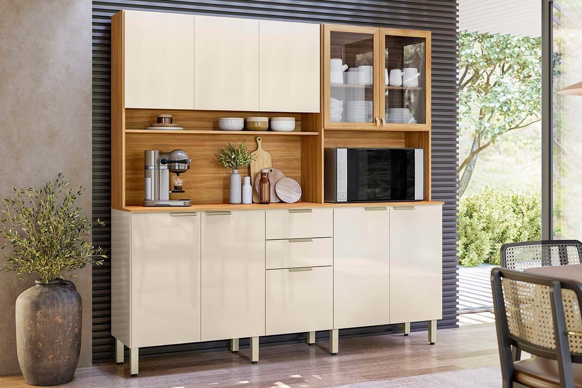 Cozinha Compacta Demóbile Kit Amora c/10 Portas e 2 Gavetas 198cm Amendola/Nude Prime TX