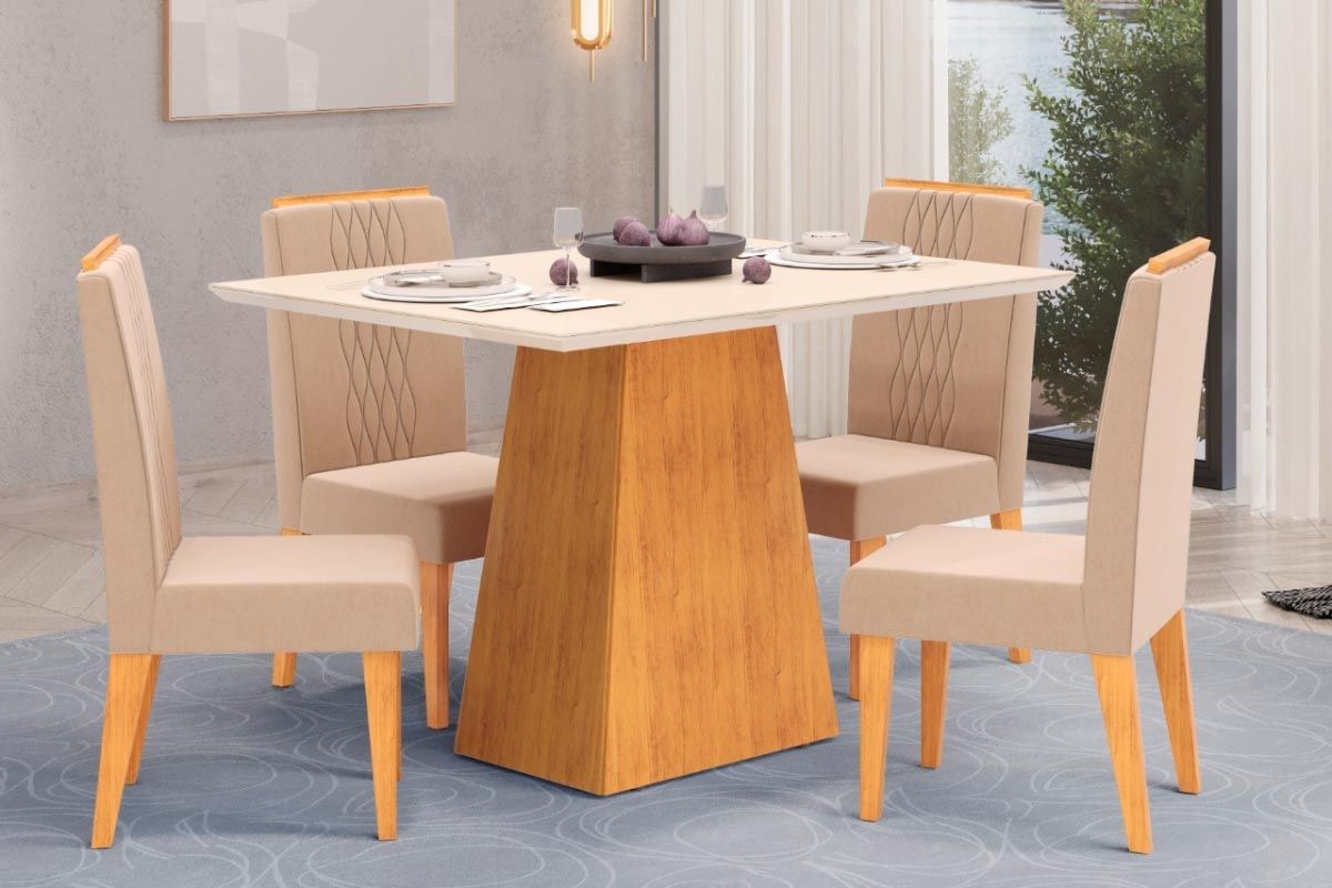 Sala Jantar Mesa Dulce c/ Tampo Madeirado c/ Vidro Reto 120x90cm e 4 Cadeiras Lia - DJ Móveis