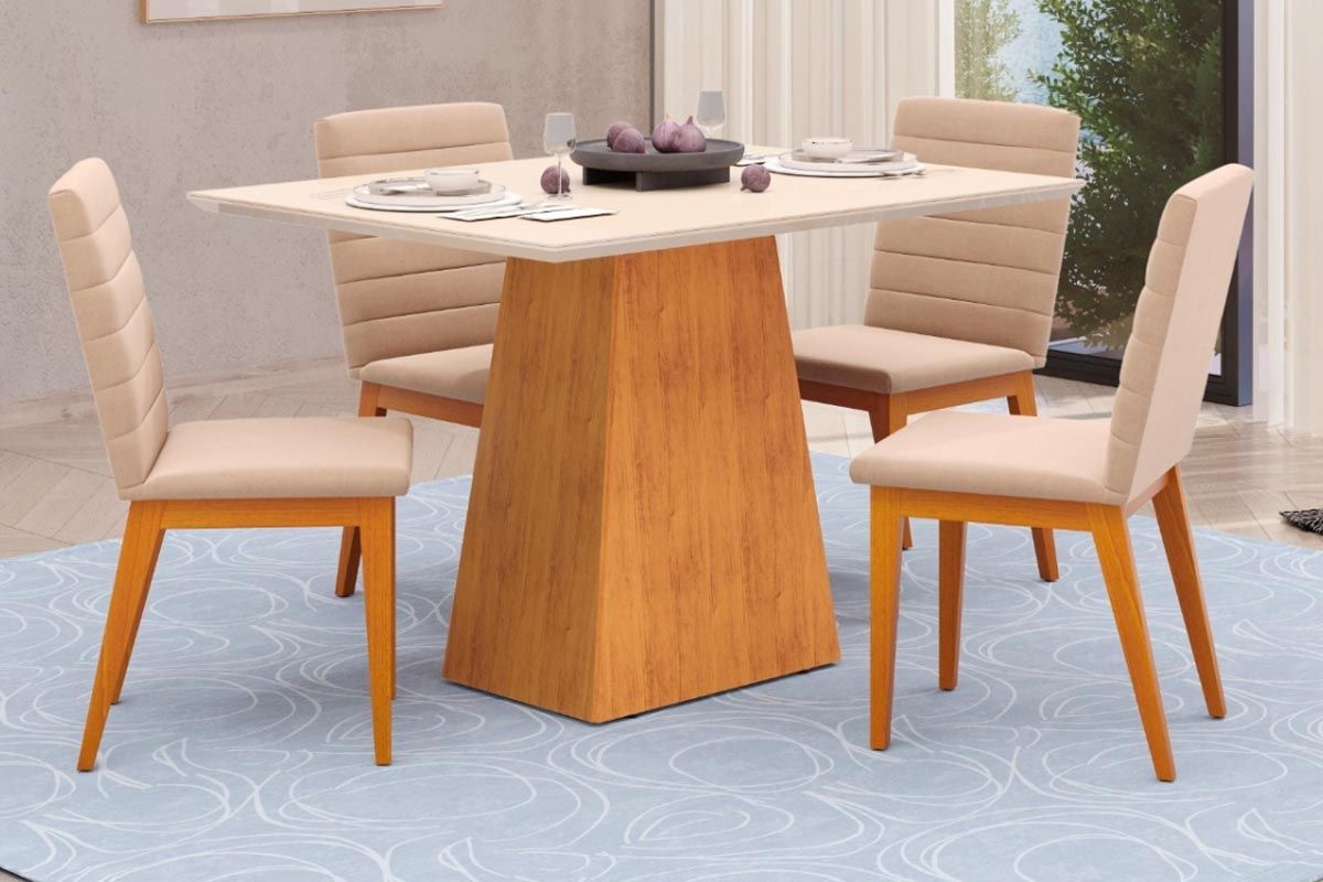 Sala Jantar Mesa Dulce c/ Tampo Madeirado c/ Vidro Reto 120x90cm e 4 Cadeiras Sofia - DJ Móveis