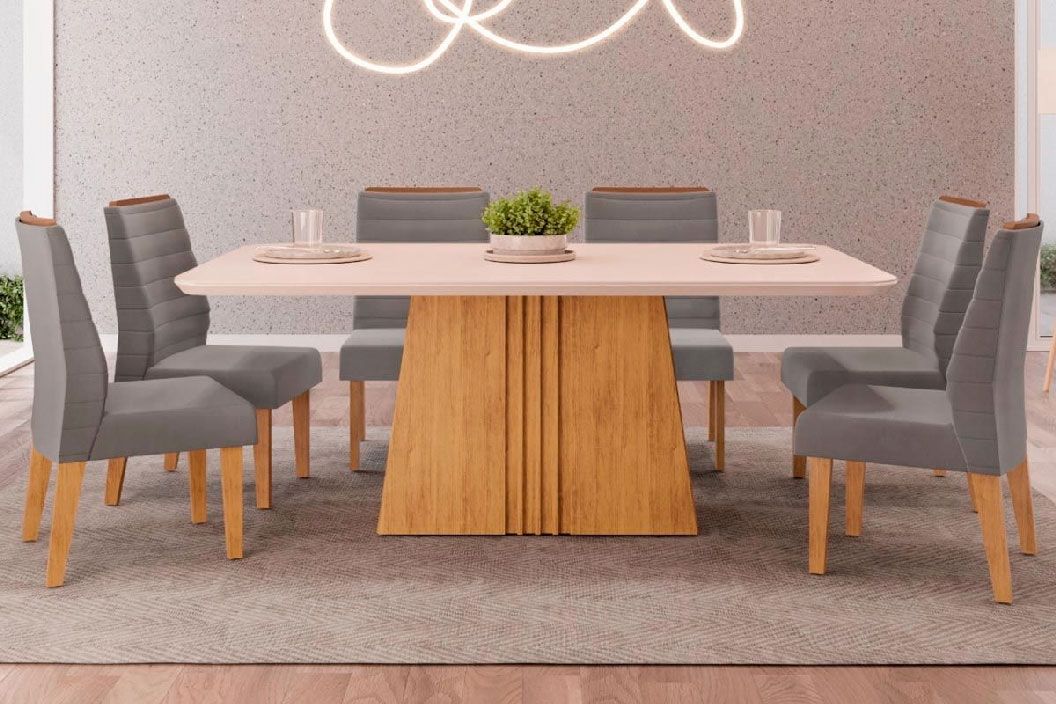 Sala de Jantar Completa Itália c/ Tampo Madeirado c/ Vidro Curvo 170x90cm e 6 Cadeiras Ondina - DJ Móveis
