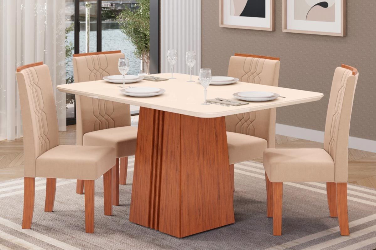 Sala de Jantar Completa Italia c/ Tampo Madeirado c/ Vidro Curvo 170x90cm e 4 Cadeiras Zoe - DJ Móveis