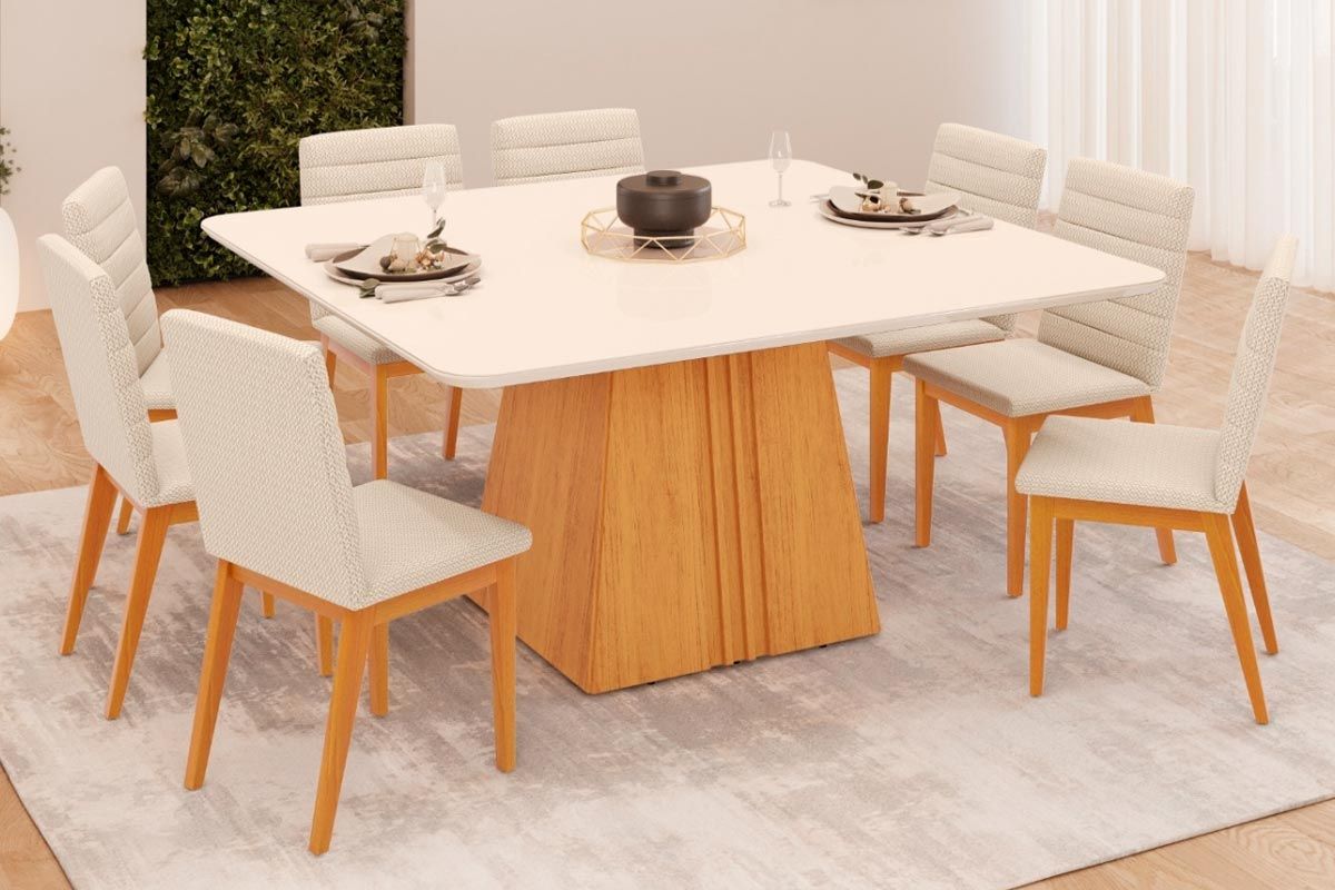 Sala de Jantar Completa Itália c/ Tampo Madeirado c/ Vidro Curvo 136x136cm e 8 Cadeiras Sofia - DJ Móveis