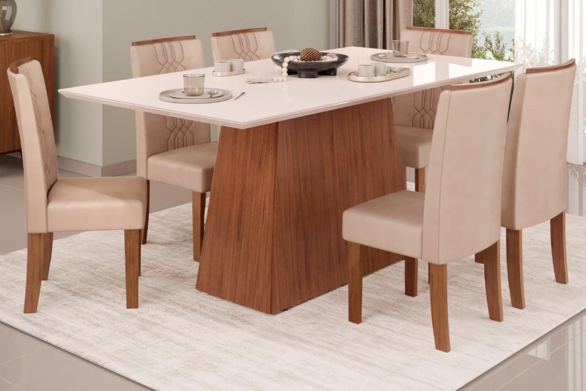Sala Jantar Mesa Dulce c/ Tampo Madeirado c/ Vidro Reto 180x90cm e 6 Cadeiras Zoe - DJ Móveis