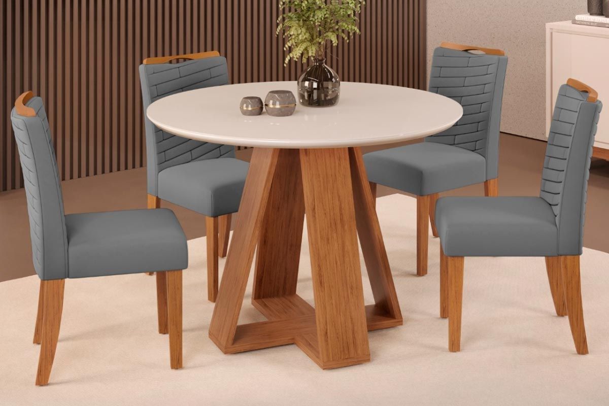 Sala Jantar Mesa Celeste c/ Tampo Madeirado c/ Vidro Redondo 103x103cm e 4 Cadeiras Julia - DJ Móveis