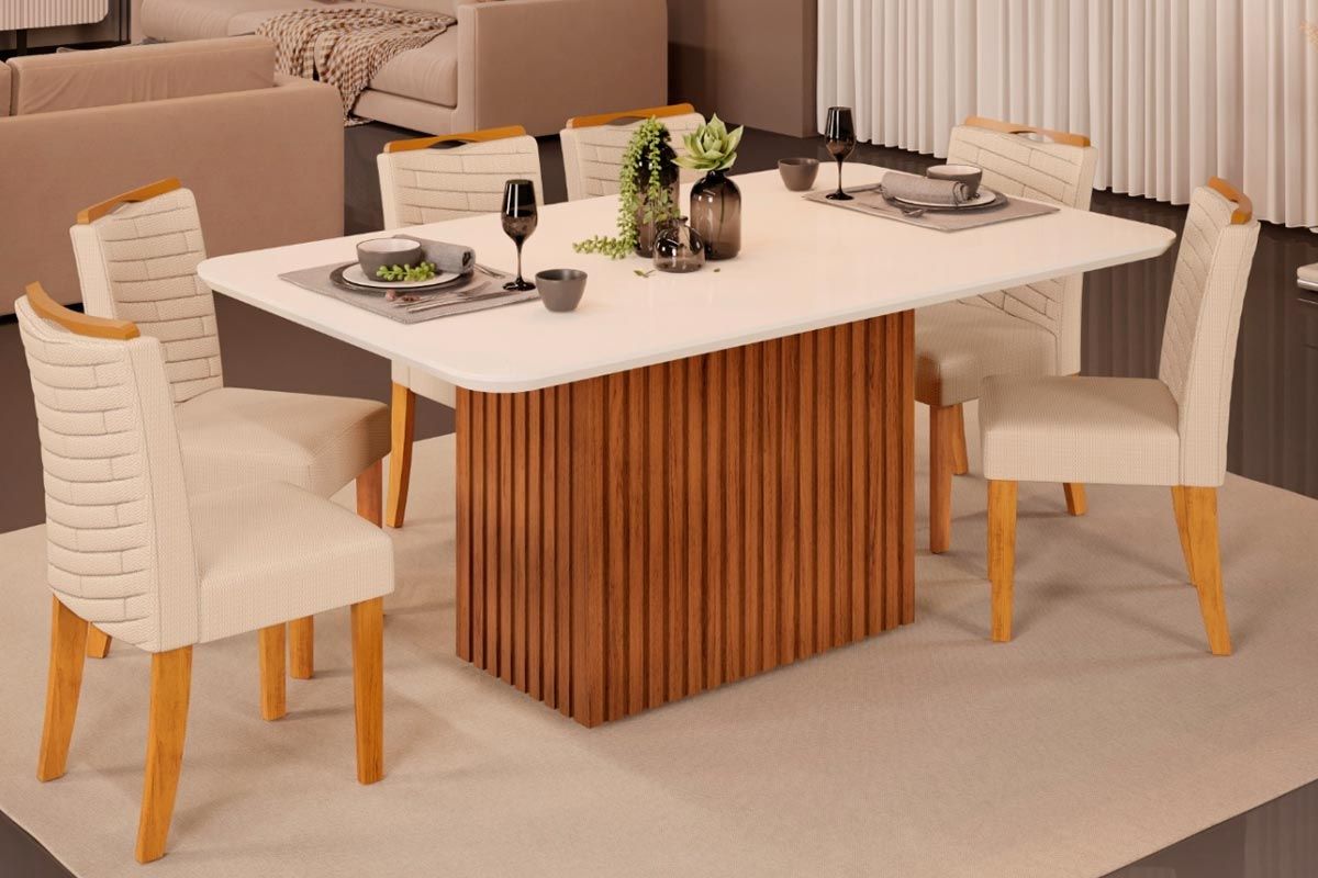 Sala Jantar Mesa Canes c/ Tampo Madeirado c/ Vidro Curvo 170x90cm e 6 Cadeiras Julia - DJ Móveis