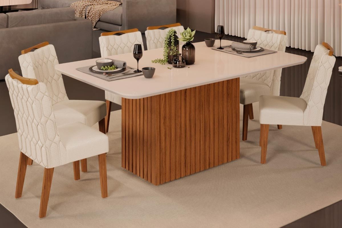 Sala Jantar Mesa Canes c/ Tampo Madeirado c/ Vidro Curvo 170x90cm e 6 Cadeiras Bia - DJ Móveis