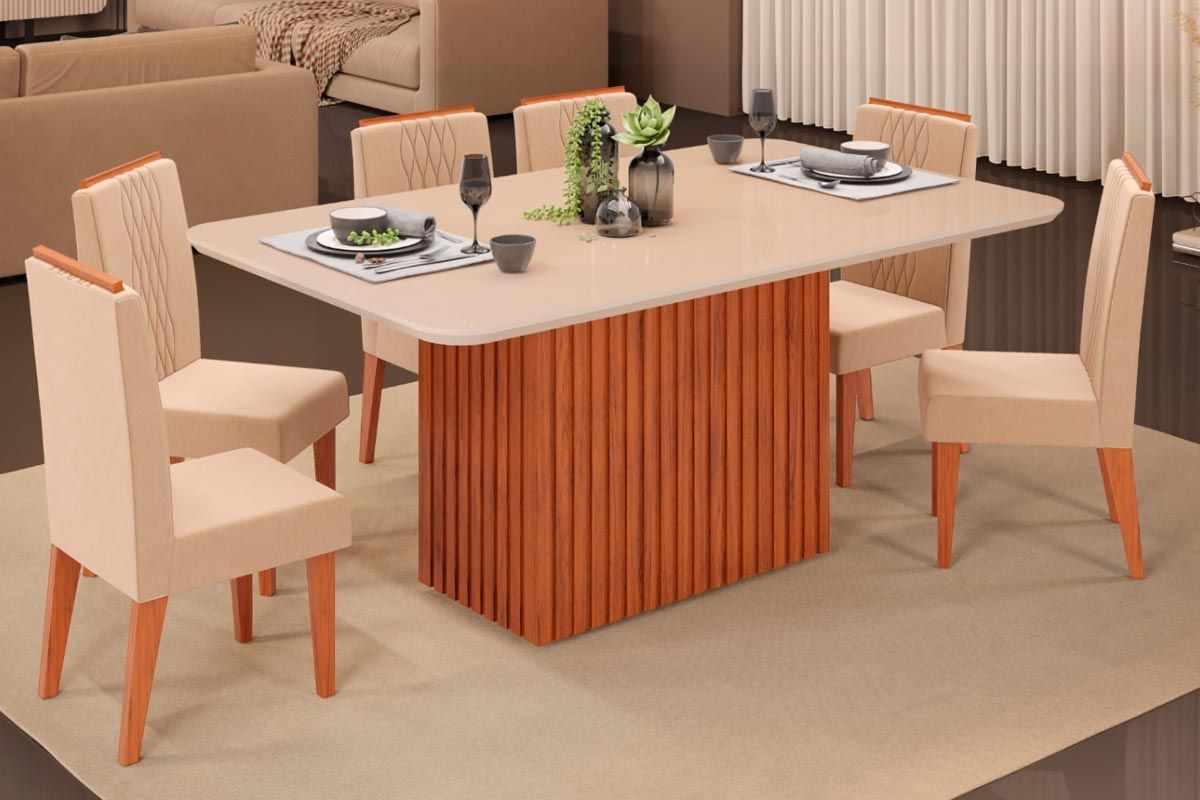 Sala de Jantar Completa Canes c/ Tampo Madeirado c/ Vidro Curvo 170x90cm e 6 Cadeiras Lia - DJ Móveis