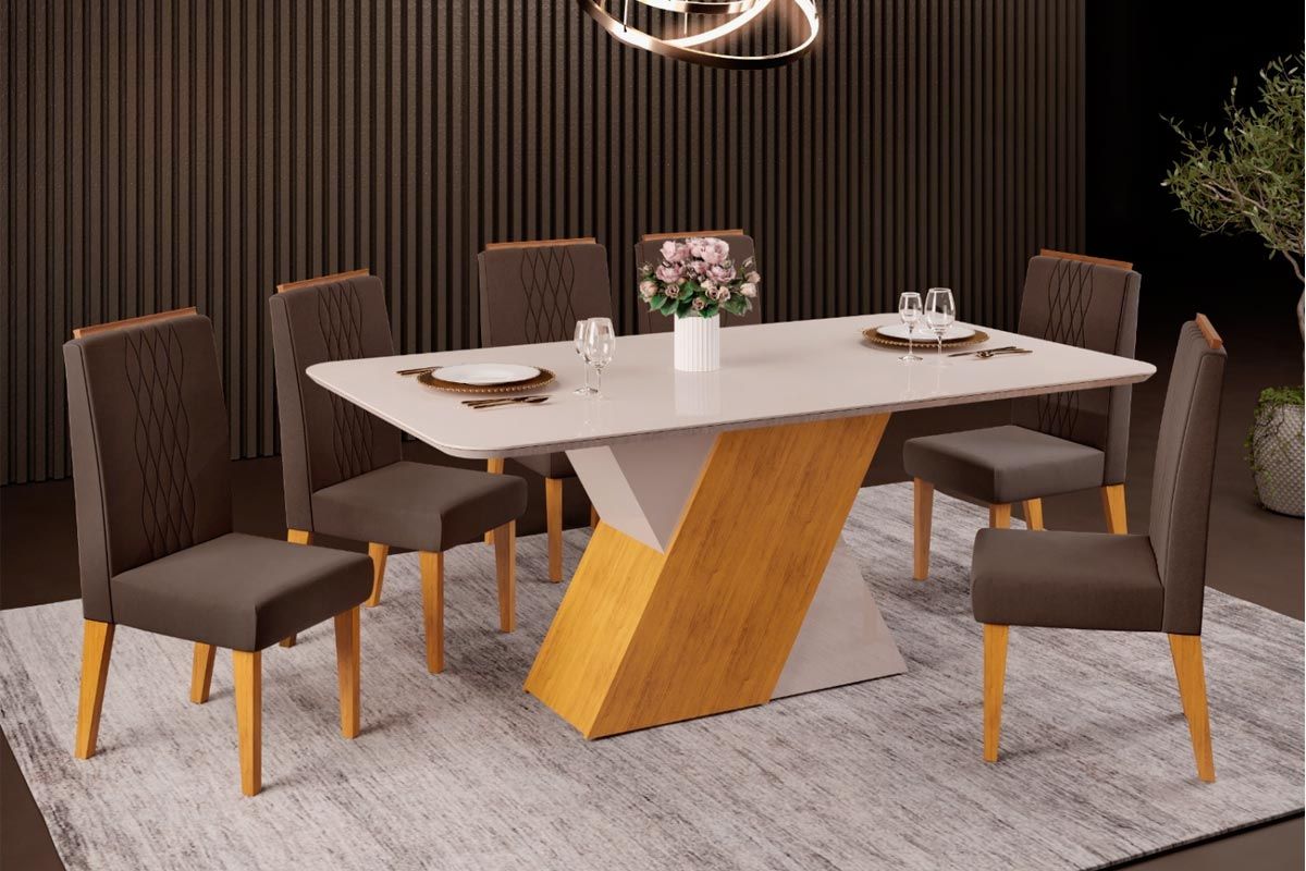 Sala de Jantar Completa Rubi c/ Tampo Madeirado c/ Vidro Curvo 170x90cm e 6 Cadeiras Lia - DJ Móveis