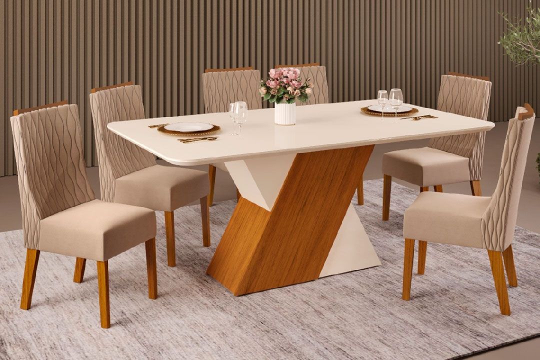Sala de Jantar Completa Rubi c/ Tampo Madeirado c/ Vidro 170x90cm e 6 Cadeiras Jade - DJ Móveis