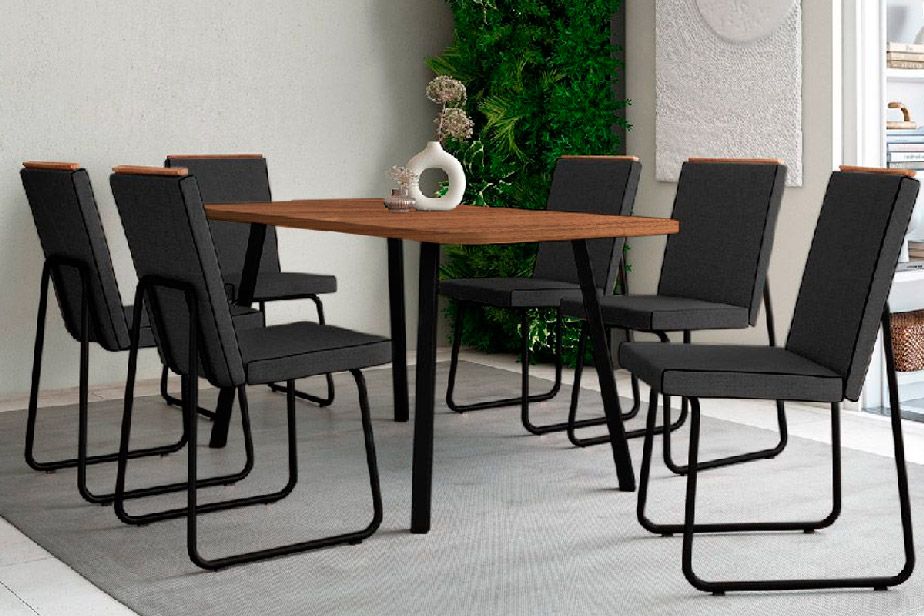 Sala de Jantar Completa Stellar 1597 Aço c/ Tampo Madeirado 160x90cm e 6 Cadeiras Lira - Carraro