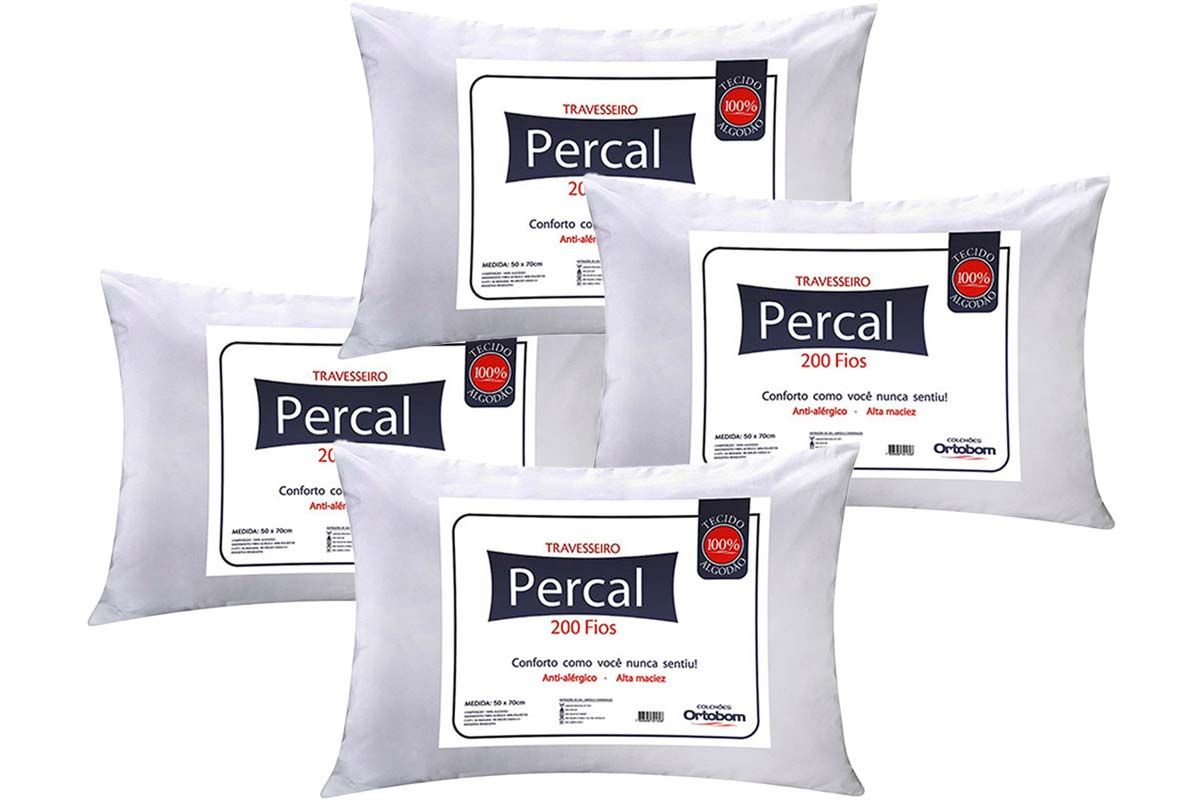 Travesseiro Fibras Pluma Kit 4un Percal 200Fios Ortobom